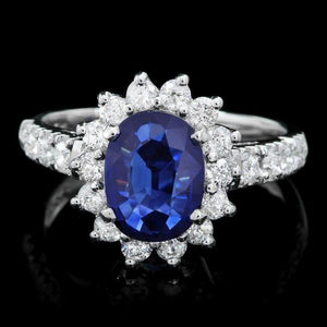 2.20 Carats Natural Blue Sapphire and Diamond 14K Solid White Gold Ring