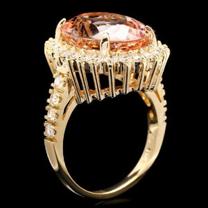 10.00 Carats Exquisite Natural Morganite and Diamond 14K Solid Yellow Gold Ring