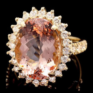 10.00 Carats Exquisite Natural Morganite and Diamond 14K Solid Yellow Gold Ring