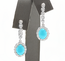 Load image into Gallery viewer, 6.20ct Natural Turquoise and Diamond 14k Solid White Gold Earrings