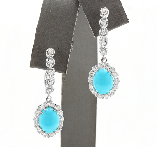 6.20ct Natural Turquoise and Diamond 14k Solid White Gold Earrings
