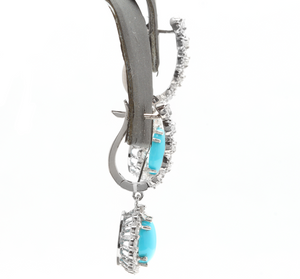 6.20ct Natural Turquoise and Diamond 14k Solid White Gold Earrings