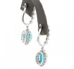 6.20ct Natural Turquoise and Diamond 14k Solid White Gold Earrings