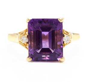 5.08 Carats Natural Amethyst and Diamond 14k Solid Yellow Gold Ring