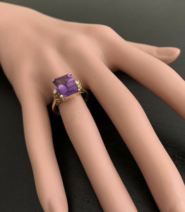 5.08 Carats Natural Amethyst and Diamond 14k Solid Yellow Gold Ring