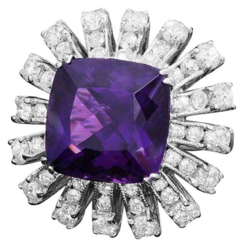 12.60 Carats Natural Amethyst and Diamond 14K Solid White Gold Ring