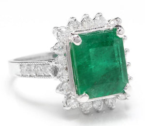 5.10 Carats Natural Emerald and Diamond 14K Solid White Gold Ring