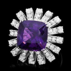 12.60 Carats Natural Amethyst and Diamond 14K Solid White Gold Ring