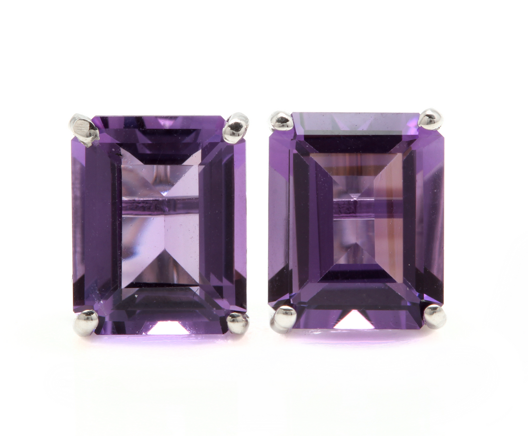 7.45 Carats Natural Amethyst 14k Solid White Gold Stud Earrings