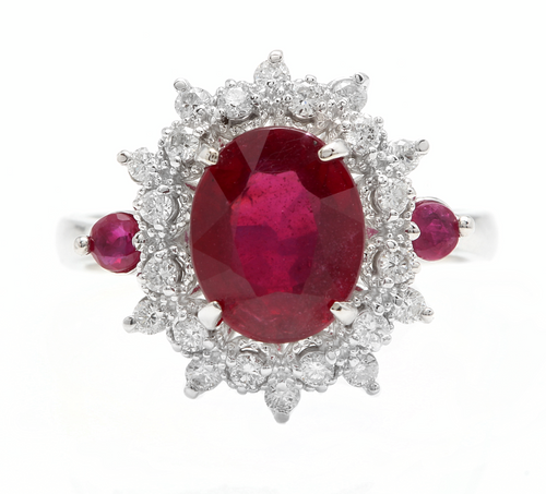 6.65 Carats Natural Red Ruby and Diamond 14k Solid White Gold Ring