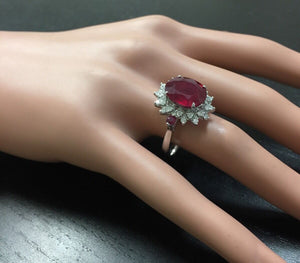 6.65 Carats Natural Red Ruby and Diamond 14k Solid White Gold Ring