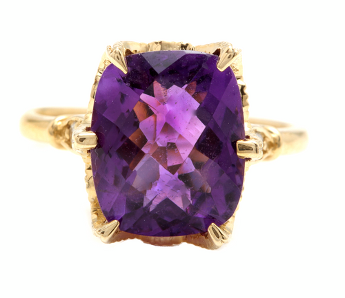 4.08 Carats Natural Amethyst and Diamond 14k Solid Yellow Gold Ring