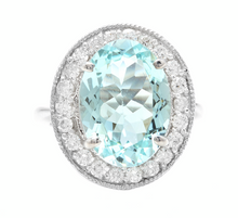 Load image into Gallery viewer, 6.90 Carats Natural Aquamarine and Diamond 18k Solid White Gold Ring