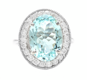 6.90 Carats Natural Aquamarine and Diamond 18k Solid White Gold Ring