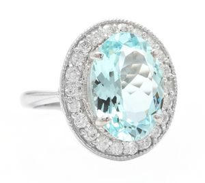 6.90 Carats Natural Aquamarine and Diamond 18k Solid White Gold Ring