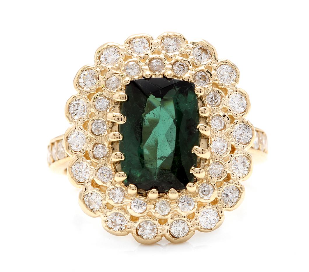 4.45 Carats Natural Green Tourmaline and Diamond 18k Solid Yellow Gold Ring