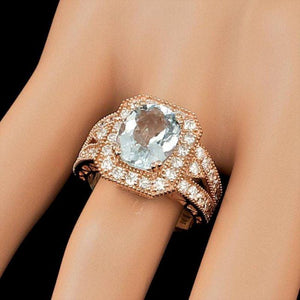 4.10 Carats Natural Aquamarine and Diamond 14K Solid Rose Gold Ring