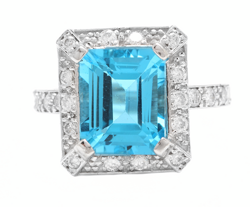 6.60 Carats Natural Swiss Blue Topaz & Diamond 14k Solid White Gold Ring