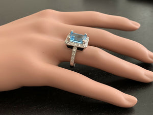 6.60 Carats Natural Swiss Blue Topaz & Diamond 14k Solid White Gold Ring