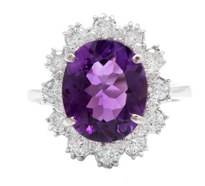 5.20 Carats Natural Amethyst and Diamond 14k Solid White Gold Ring