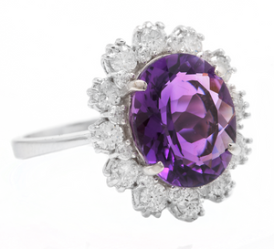 5.20 Carats Natural Amethyst and Diamond 14k Solid White Gold Ring