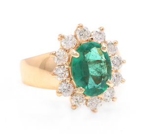 4.20ct Natural Emerald & Diamond 18k Solid Yellow Gold Ring
