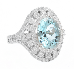 6.00 Carats Natural Aquamarine and Diamond 14k Solid White Gold Ring
