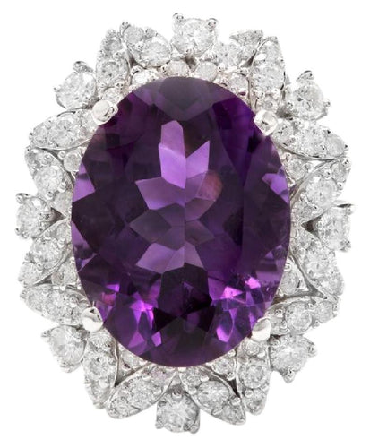 9.10 Carats Exquisite Natural Amethyst and Diamond 14K Solid White Gold Ring