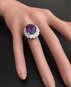 9.10 Carats Exquisite Natural Amethyst and Diamond 14K Solid White Gold Ring