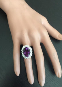 9.10 Carats Exquisite Natural Amethyst and Diamond 14K Solid White Gold Ring