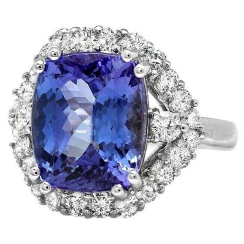 6.70 Carats Natural Tanzanite and Diamond 14k Solid White Gold Ring