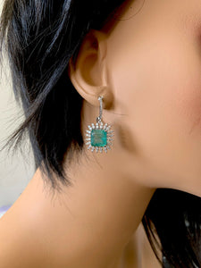 9.45 Carats Natural Emerald and Diamond 14k Solid White Gold Earrings