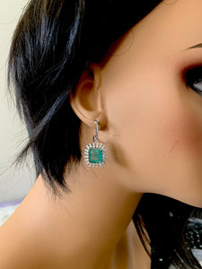 9.45 Carats Natural Emerald and Diamond 14k Solid White Gold Earrings