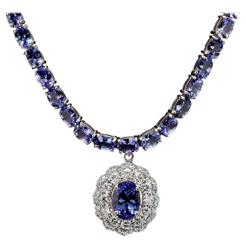 44.40ct Natural Tanzanite & Diamond 14k Solid White Gold Necklace