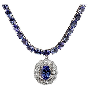 44.40ct Natural Tanzanite & Diamond 14k Solid White Gold Necklace