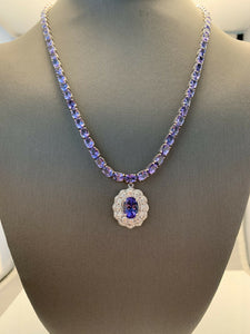 44.40ct Natural Tanzanite & Diamond 14k Solid White Gold Necklace