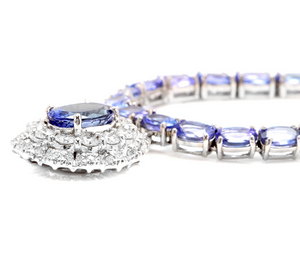 44.40ct Natural Tanzanite & Diamond 14k Solid White Gold Necklace