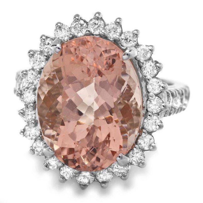 10.70 Carats Natural Morganite and Diamond 14K Solid White Gold Ring