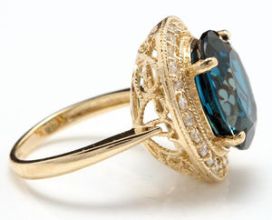 10.75 Carats Impressive Natural London Blue Topaz and Diamond 14K Solid Yellow Gold Ring