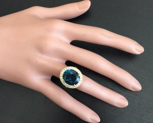 10.75 Carats Impressive Natural London Blue Topaz and Diamond 14K Solid Yellow Gold Ring
