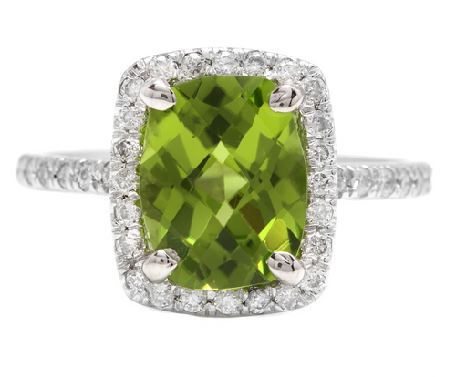 4.05 Carats Natural Peridot and Diamond 14k Solid White Gold Ring