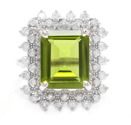 7.00 Carats Natural Peridot and Diamond 14k Solid White Gold Ring