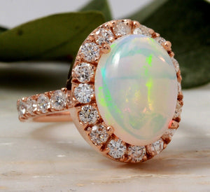 6.70ct Natural Ethiopian Opal and Diamond 14k Solid Rose Gold Ring
