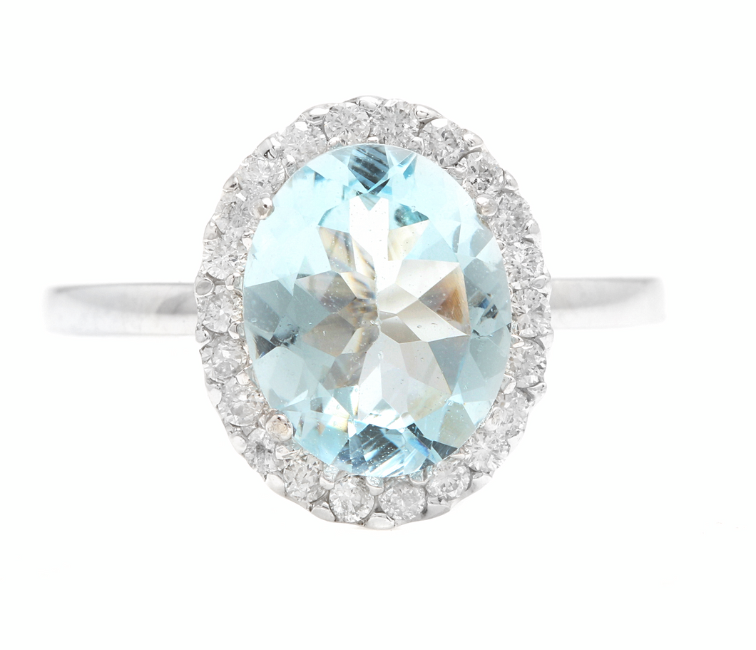 3.65ct Natural Aquamarine & Diamond 14k Solid White Gold Ring