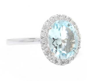 3.65ct Natural Aquamarine & Diamond 14k Solid White Gold Ring