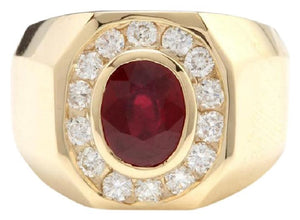 4.60 Carats Natural Ruby and Diamond 14K Solid Yellow Gold Men's Ring
