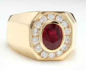 4.60 Carats Natural Ruby and Diamond 14K Solid Yellow Gold Men's Ring
