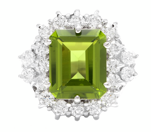 6.20 Carats Natural Peridot and Diamond 14k Solid White Gold Ring