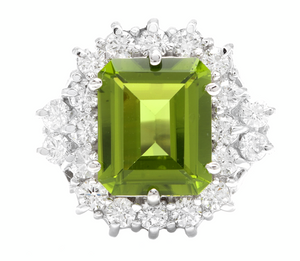 6.20 Carats Natural Peridot and Diamond 14k Solid White Gold Ring