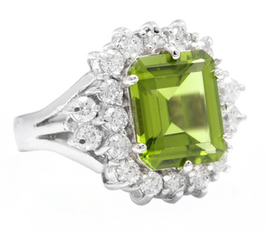 6.20 Carats Natural Peridot and Diamond 14k Solid White Gold Ring